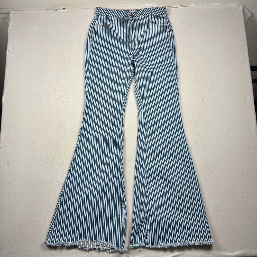 Cello Flare Jeans Size 3 Blue White Striped Raw Hem